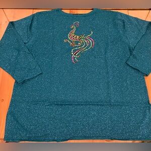 NWT Bob Mackie Wearable Art Teal Glitter Long Sleeve Top Peacock Design Size 2X